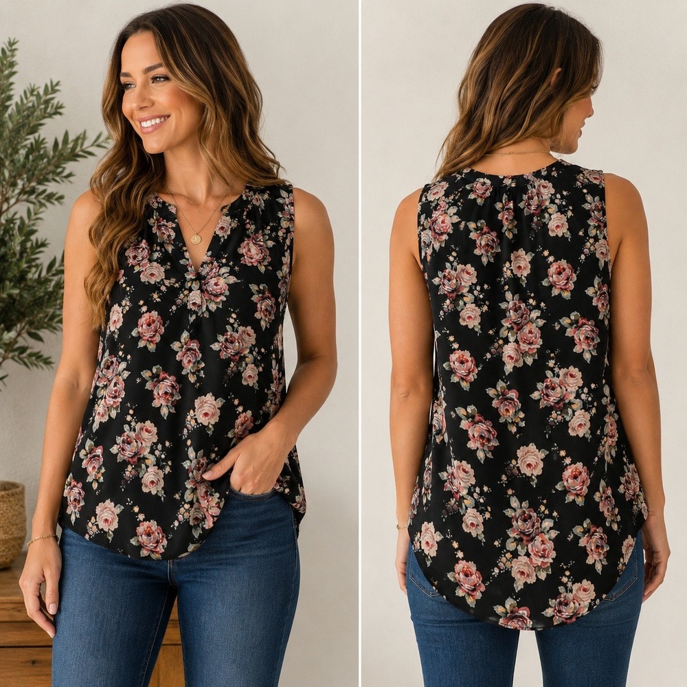 Abercrombie & Fitch Womens XL Black Floral V-Neck Sleeveless Blouse Rose Print